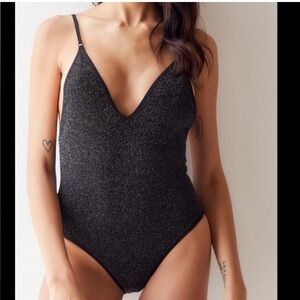 URBAN OUTFITTERS bodysuit black silver glitter deep-V neck top size small